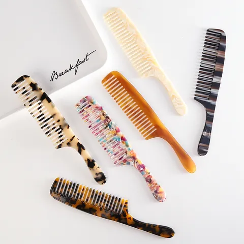 Fashion Cellulose Acetate Hair Comb Wide Tooth Anti Static Marble Leopard Hair Styling Comb For Women Hair Care