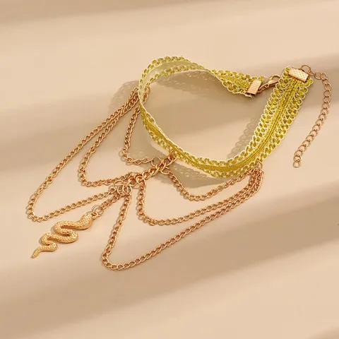 Tendenza Catena da Braccio con Pendente a Serpente Multistrato Oro per Donna Catena del Corpo in Pizzo Elastico Gioielli