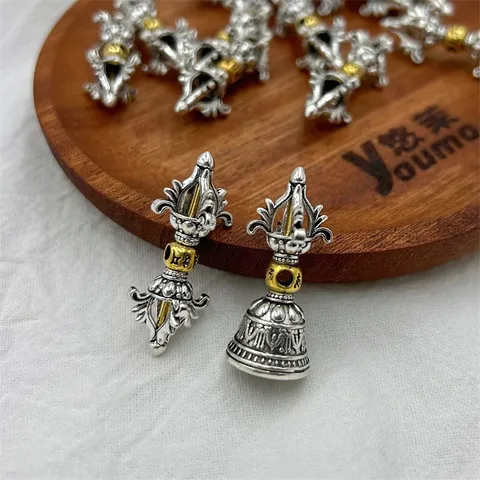 Antique Silver Gold Plated Alloy Six Word Mantra Vajra Pestle Bell DIY Pendant Charms Buddhist Bracelet Accessories
