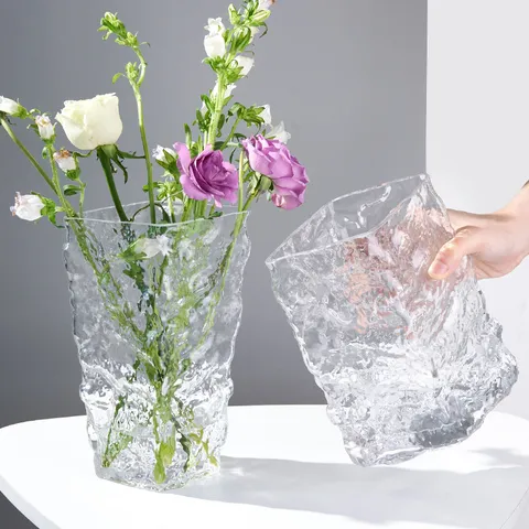 Nordic Glacier Texture Glass Vase Transparent Hydroponic Flower Arrangement Vase Living Room Table Decorative Glass Vase