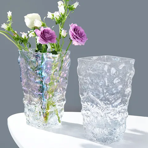 Nordic Glacier Texture Glass Vase Transparent Hydroponic Flower Arrangement Vase Living Room Table Decorative Glass Vase