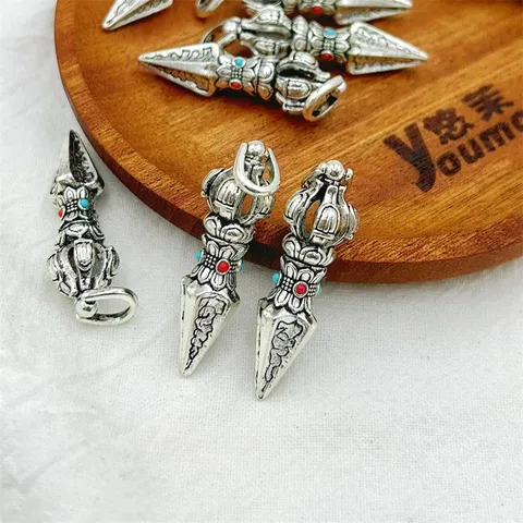 Vintage Antique Silver Plated Alloy Vajra Pestle Pendant Handcrafted DIY Buddhist Jewelry Accessory Necklace Pendant