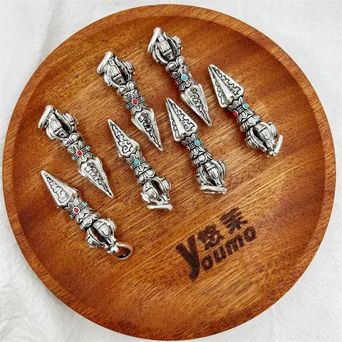 Vintage Antique Silver Plated Alloy Vajra Pestle Pendant Handcrafted DIY Buddhist Jewelry Accessory Necklace Pendant