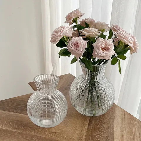Transparent Glass Vase Lantern Shaped Vertical Stripe Hydroponic Flower Vase For Living Room Home Decor