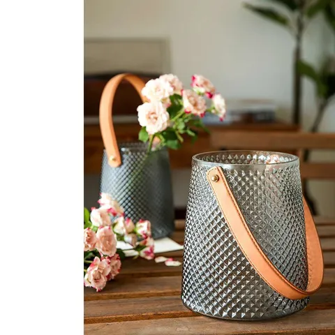 Ins Style Glass Flower Vase With Leather Handle Transparent Diamond Pattern Decorative Vase For Living Room Home Decor