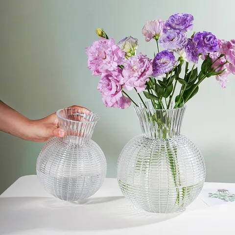 Transparent Glass Vase Lantern Shaped Vertical Stripe Hydroponic Flower Vase For Living Room Home Decor