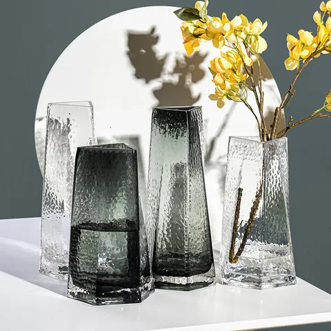 Modern Light Luxury Triangular Glass Vase Hammered Frosted Desktop Flower Arrangement Home Living Room Decoration