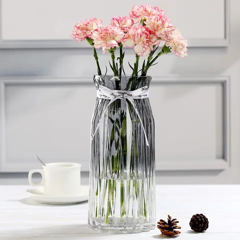 European Vertical Ribbed Glass Vase Gradient Transparent Flower Vase Living Room Decorative Dried Flower Arrangement