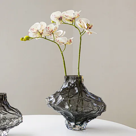 Nordic Transparent Smoked Gray Glass Vase Creative Art Canyon Textured Flower Arrangement Hydroponic Home Decor Ornament