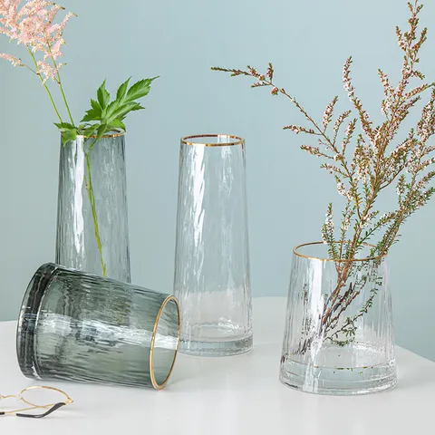Vase en Verre Transparent Gris Fumé Luxe Léger Nordique Bord Doré Minimaliste Arrangement Floral Ornement de Table