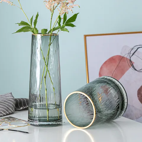 Vase en Verre Transparent Gris Fumé Luxe Léger Nordique Bord Doré Minimaliste Arrangement Floral Ornement de Table