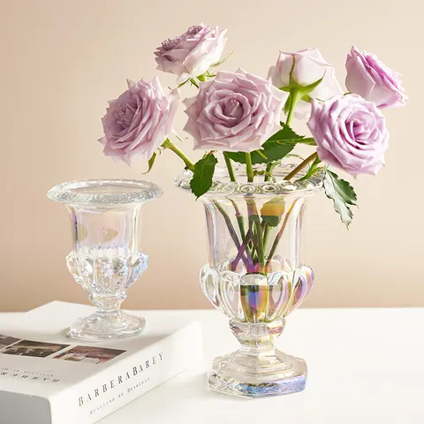 Jarrón de Vidrio de Pie Alto con Columna Romana de Lujo Transparente Iridiscente Arreglo Floral Adorno Decorativo de Escritorio Decoración del Hogar