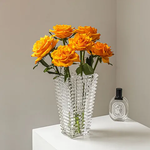 Transparent Crystal Glass Flower Vase Geometric Folded Tabletop Floral Arrangement Container For Living Room Home Decor