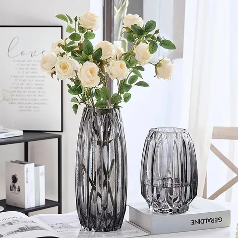Nordic Luxury Glass Vase Transparent Gray Pink Striped Geometric Faceted Flower Vases For Living Room Dining Table Home Decor