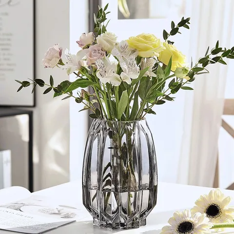 Nordic Luxury Glass Vase Transparent Gray Pink Striped Geometric Faceted Flower Vases For Living Room Dining Table Home Decor