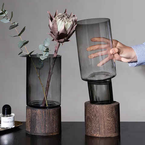 Modern Minimalist Glass Vase With Wood Base Clear Gray And Green Flower Vase For Living Room Home Decor