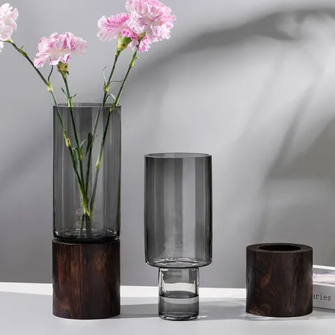 Modern Minimalist Glass Vase With Wood Base Clear Gray And Green Flower Vase For Living Room Home Decor