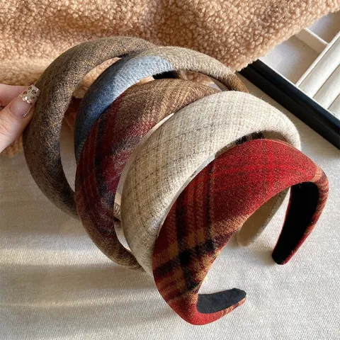 Womens Wide Headband Retro Plaid Fabric Hair Hoop Vintage Preppy Style Hair Accessories Daily Face Washing Hair Band