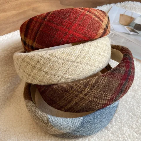 Womens Wide Headband Retro Plaid Fabric Hair Hoop Vintage Preppy Style Hair Accessories Daily Face Washing Hair Band