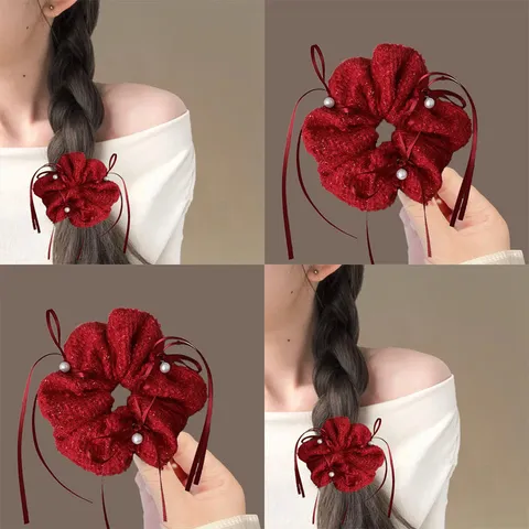 Chouchou en Tissu de Laine Rouge Nœud Bordure en Dentelle Accessoires de Cheveux Femmes Mode Coiffe Fête Nouvel An Produit de Coiffure