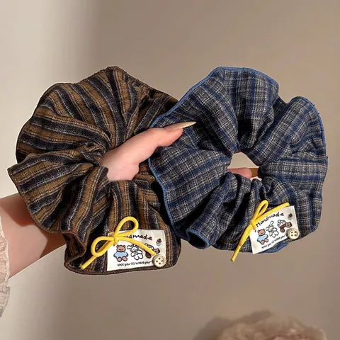 Korean Style Oversized Plaid Hair Scrunchies Bow Fabric Elastic Hair Ropes Ponytail Holder Hair Accessories For Women