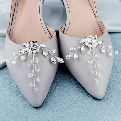 Silver Tone Rhinestone Artificial Pearl Bridal Shoe Buckles Hand-Woven Branch DIY Detachable Shoe Flowers For Wedding Party