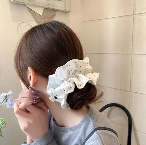 Scrunchie Foulard Bianco a Pois Stile Coreano per Donna Elastico per Capelli con Bottone Accessori per Capelli Fatti a Mano Dolci