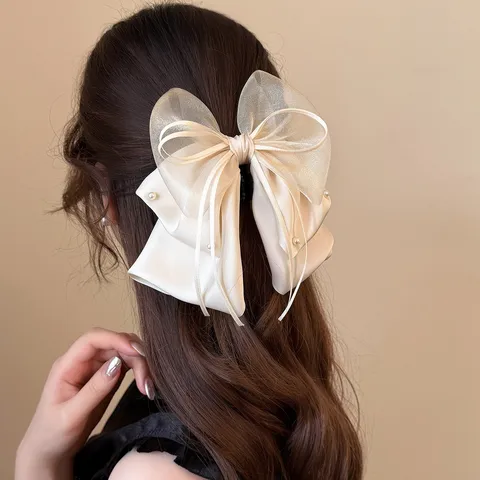 Französisch Elegante Dreilagige Satin Netz Schleife Haarkralle Mit Künstlicher Perle Große Schleife Haarklammer Für Damen Haarschmuck