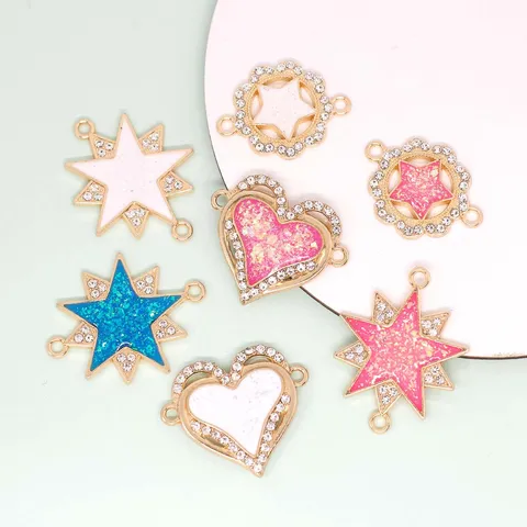 Shiny Rhinestone Opal Star Heart Round Charms Alloy Double Loop Pendants For DIY Necklace Earring Making Accessories Jewelry Findings