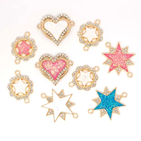 Shiny Rhinestone Opal Star Heart Round Charms Alloy Double Loop Pendants For DIY Necklace Earring Making Accessories Jewelry Findings