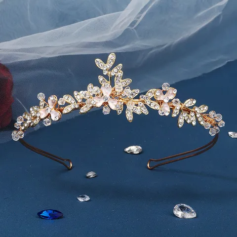 Handgefertigtes Gold Legierung Strass Blume Blatt Hochzeit Haarband Luxuriöse Braut Tiara Haarreif Accessoires Für Damen Party