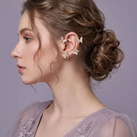 Βίντατζ Πολυτελή Σκουλαρίκια Ear Cuff από Κράμα με Στρας Πεταλούδα Λουλούδι για Γυναίκες Γάμο Νύφη Πάρτι Μόρι Στυλ Γάντζος Κοσμήματα