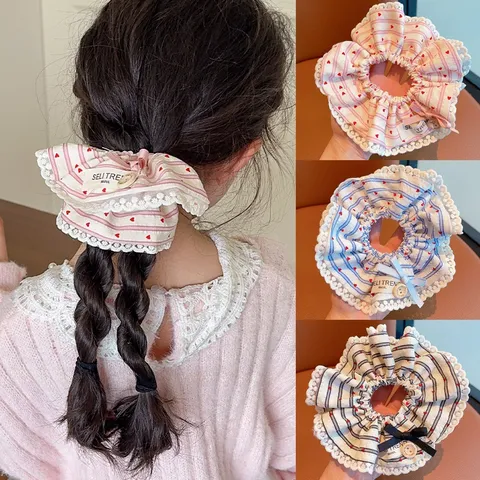 Girls Large Lace Hair Scrunchie Heart Striped Hair Tie Bow Knot Decorative Scrunchies Elastic Hair Band Kids Hair Accessories