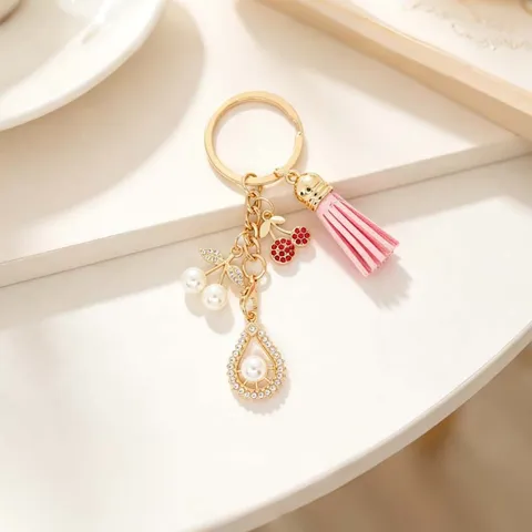 Pink Tassel Cherry Keychain With Rhinestone And Artificial Pearl Cute Fruit Bag Pendant Key Ring Gift Accessory For Women