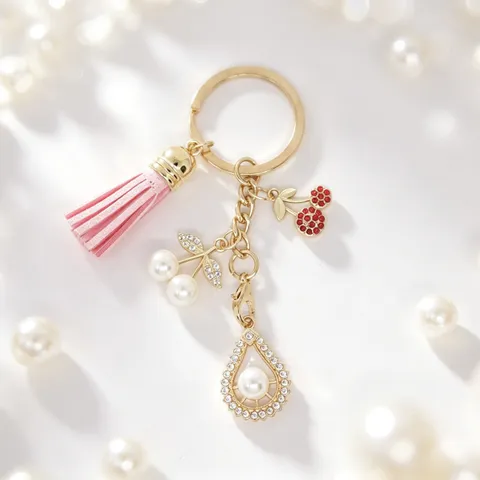 Pink Tassel Cherry Keychain With Rhinestone And Artificial Pearl Cute Fruit Bag Pendant Key Ring Gift Accessory For Women