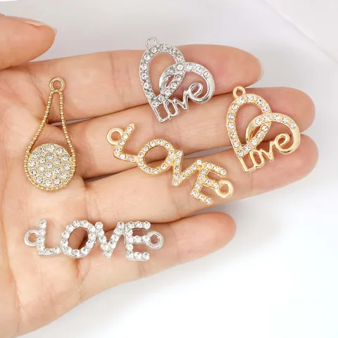 Σύνδεσμοι Κοσμημάτων DIY από Κράμα με Στρας LOVE Σχήμα Καρδιάς και Σταγόνας για Βραχιόλια και Κολιέ Χρυσό Ασημί