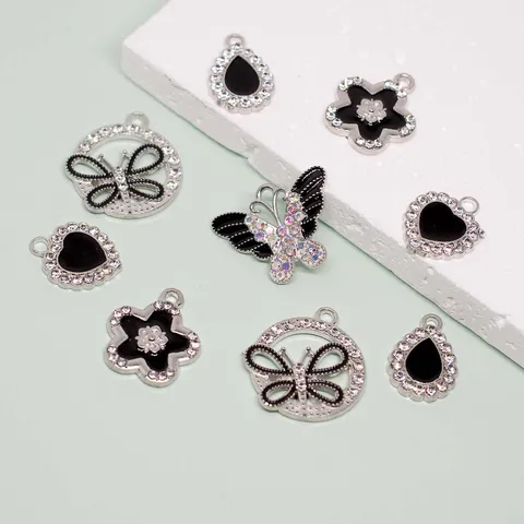 Korean Black Enamel Butterfly Heart Waterdrop Alloy Rhinestone Inlaid Pendant Charms For DIY Earrings Necklace Handmade Craft Jewelry Making Findings