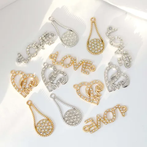 Σύνδεσμοι Κοσμημάτων DIY από Κράμα με Στρας LOVE Σχήμα Καρδιάς και Σταγόνας για Βραχιόλια και Κολιέ Χρυσό Ασημί
