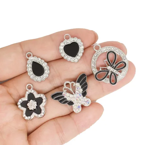 Korean Black Enamel Butterfly Heart Waterdrop Alloy Rhinestone Inlaid Pendant Charms For DIY Earrings Necklace Handmade Craft Jewelry Making Findings