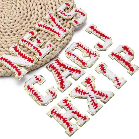 Baseball Style Chenille Embroidery Letter Patches Gold Trimmed Alphabet Iron On Patch For Clothing Hat Bag DIY Craft Accessories