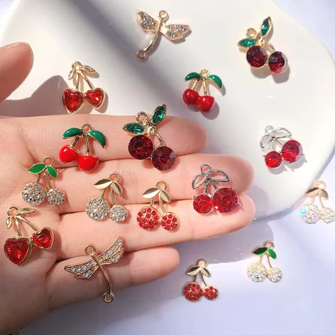 Alloy Rhinestone Cherry Pendant Charms Shiny Fruit Insect Dragonfly Strawberry Enamel DIY Jewelry Findings Hanging For Necklace Earring Crafting