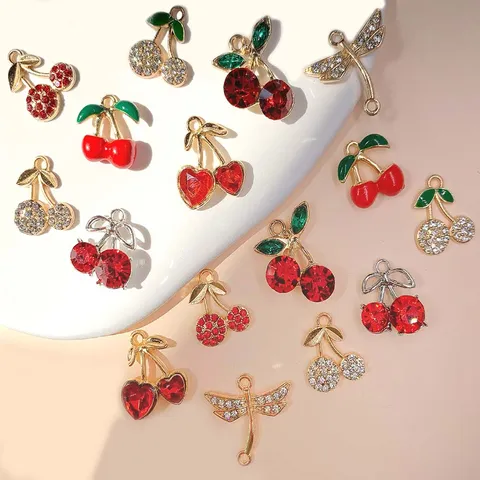 Alloy Rhinestone Cherry Pendant Charms Shiny Fruit Insect Dragonfly Strawberry Enamel DIY Jewelry Findings Hanging For Necklace Earring Crafting