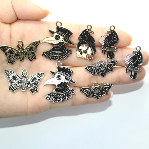 Gothic Alloy Enamel Charms For Jewelry Making Halloween Dark Style Skull Crow Bat Butterfly Plague Doctor Pendants DIY Necklaces Bracelets Accessories