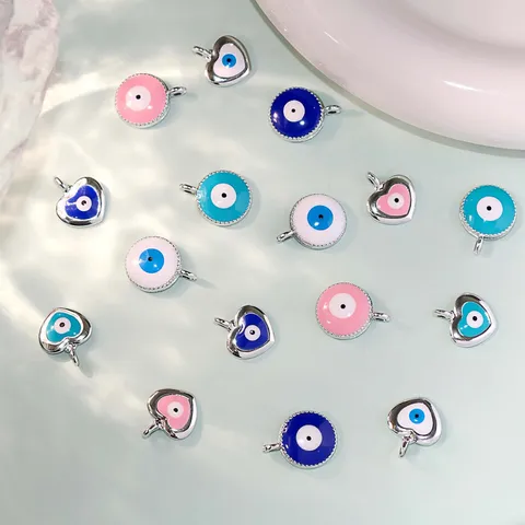 Classic Turkish Evil Eye Charm Pendant Electroplated Alloy DIY Jewelry Making Accessories For Bracelet Necklace Heart Round Shape