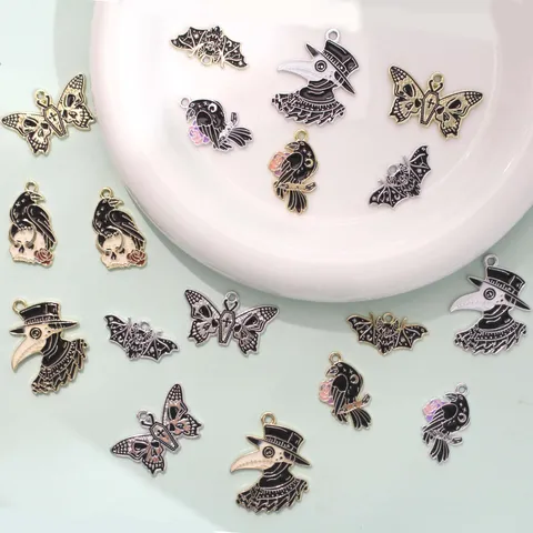 Gothic Alloy Enamel Charms For Jewelry Making Halloween Dark Style Skull Crow Bat Butterfly Plague Doctor Pendants DIY Necklaces Bracelets Accessories