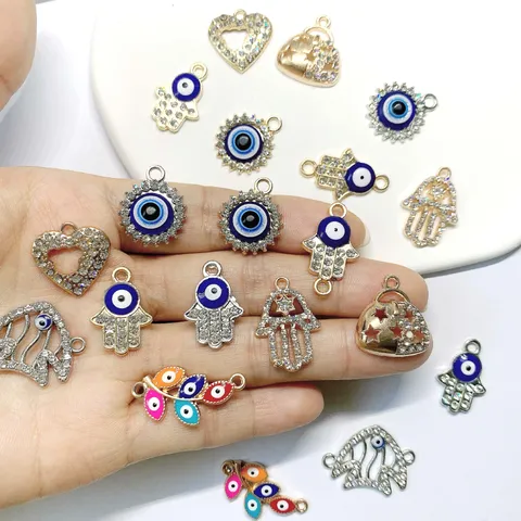 Legierung Galvanisiert Emaille Türkischer Böser Blick Hamsa Hand Anhänger Strass Schmuckzubehör Für DIY Armband Kette Basteln Komponenten