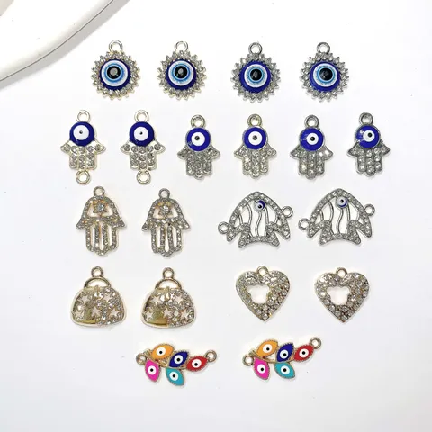 Legierung Galvanisiert Emaille Türkischer Böser Blick Hamsa Hand Anhänger Strass Schmuckzubehör Für DIY Armband Kette Basteln Komponenten
