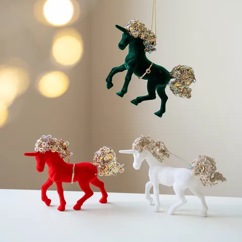 Christmas Flocked Unicorn Hanging Ornaments Sparkly Sequin Mane Tail Unicorn Statues For Christmas Tree Decoration Festive Tabletop Decor Ornaments