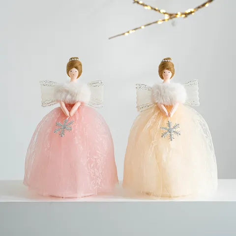 Elegant Christmas Angel Tree Topper Doll With Lace Dress Faux Fur Wings Handmade Angel Ornament For Holiday Party Home Decoration