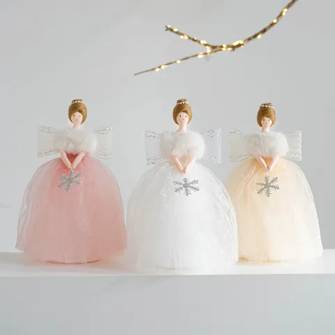 Elegant Christmas Angel Tree Topper Doll With Lace Dress Faux Fur Wings Handmade Angel Ornament For Holiday Party Home Decoration